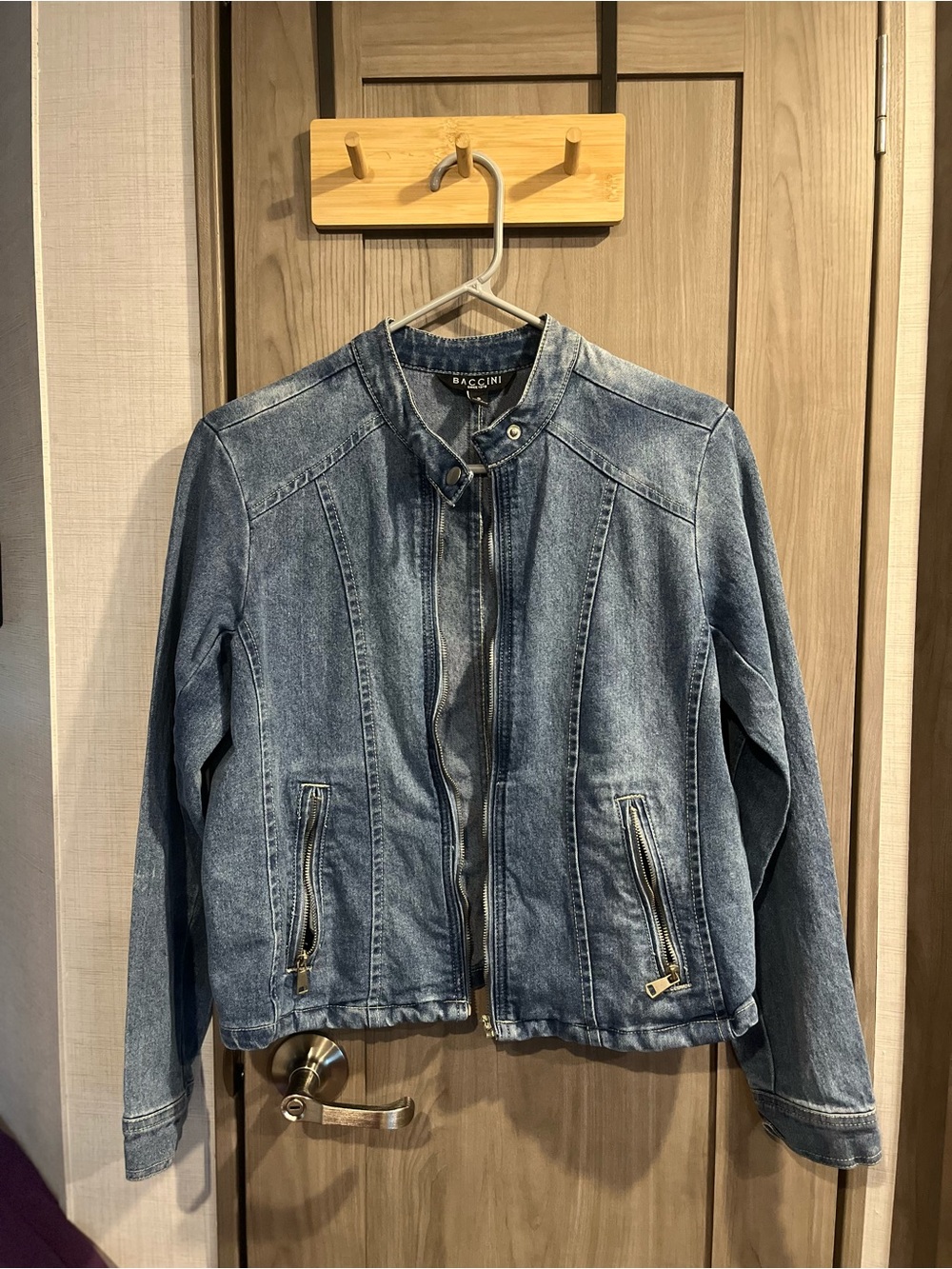 Baccini faded blue denim moto jacket